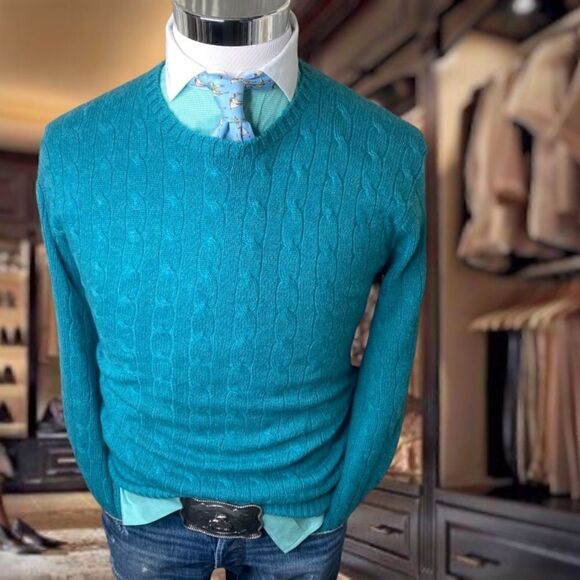 Polo Ralph Lauren Teal Green Cashmere Cable Knit Crew Neck Sweater - Picture 14 of 16
